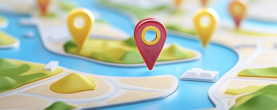 Red and yellow map pins on a colorful map.