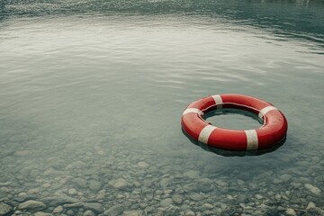 Naklejka premium A red and white life preserver floats in calm water. The image depicts a symbol of safety and hope in a potentially dangerous situation.