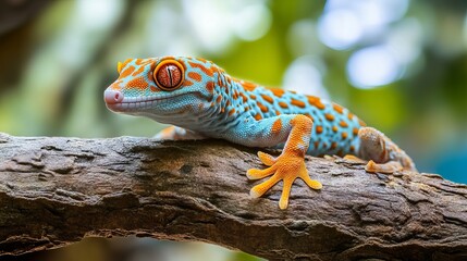 Obraz premium A vibrant Tokay gecko clings to a tree branch, its colorful scales—a mix of bright blues, oranges, and greens—standing out against the natural wood.
