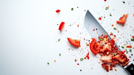 A close-up of a knife and chopped red peppers with spices scattered on a white background.