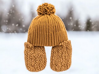 Closeup of a woolen hat and mittens, focus on winter fashion and seasonal warmth, cozy outdoor scene