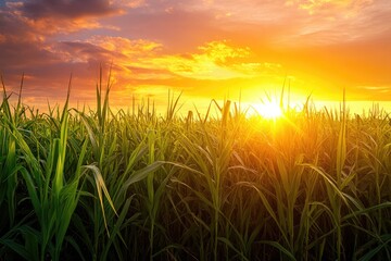Fototapeta premium Sunset over a field of grass. This picture shows a beautiful sunset with a field of grass in the foreground, ideal for agriculture and nature themes.