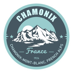Chamonix Mont Blanc stamp, resort in French Alps, Mont Blanc, emblem with snow covered peaks, vector