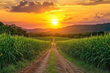 A dirt road leads through green fields. It's perfect for travel and nature-themed designs, showcasing a peaceful path into the sunset.