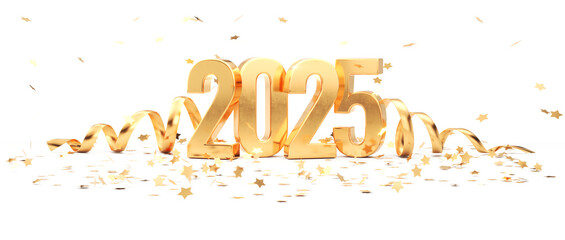 Golden 2025 3d numbers, golden confetti stars and golden ribbons. Happy New Year 2025