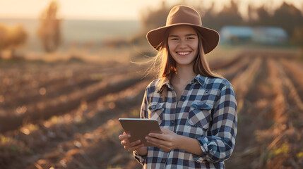 Fototapeta premium A beautiful young female farmer smiles while holding her tablet in the middle of an organic farm field. rich brown earth tones background 