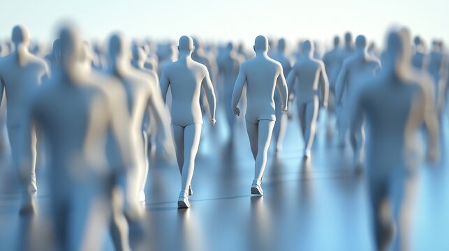 A crowd of faceless figures walking in a blurred background, representing anonymity and the collective.