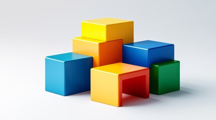 A group of colorful blocks arranged in a staggered formation, isolated on a white background.