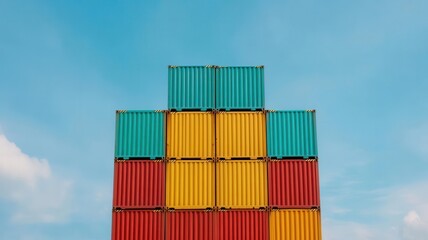 Fototapeta premium Colorful shipping containers stacked against a blue sky, creating a vibrant and striking industrial scene.