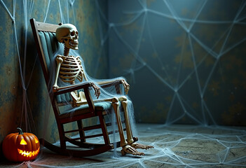 Spooky skeleton with a Pumpkin Head Seated on a Rocking Chair in a Haunted House