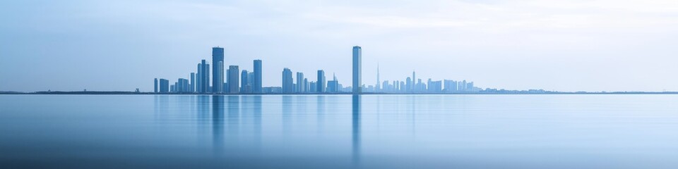 serene minimalist lake landscape cityscape skyline calm water gradient horizon panoramic view