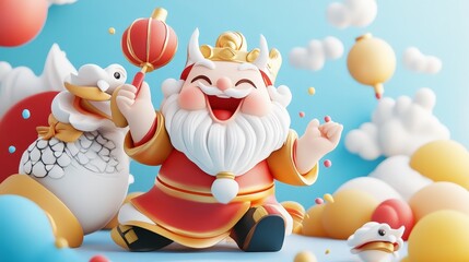 Obraz premium A cheerful cartoon character with a crown and beard, celebrating with lanterns and decorations.