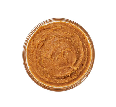 top view flat lay miso or soybean paste seasoning isolated on white background in glass bowl