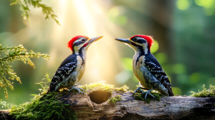 Obraz premium Two mottled woodpeckers among the spring green of the background of the spring forest