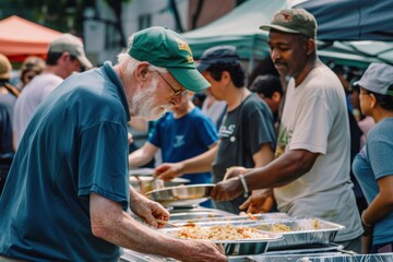 A man in a blue shirt is serving food at a buffet