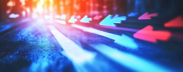 Fototapeta premium Abstract blurred background with blue and red arrows.