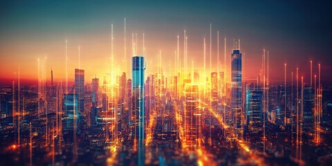 Fototapeta premium Stunning skyline at sunset, showcasing vibrant city lights and modern architecture glowing against a colorful sky.