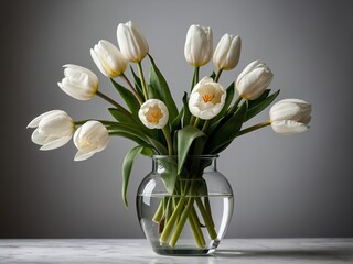 A pristine bouquet of white tulips arranged elegantly in a clear glass vase set against a minimalist background