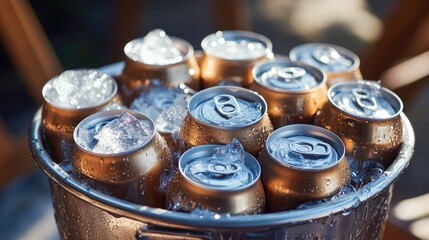 Bucket of Ice and Cold Beer Cans Ready for Refreshment