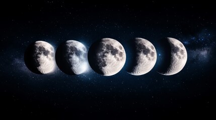 Double exposure of moon phases with a starry sky, blending lunar progression with the infinite beauty of the cosmos