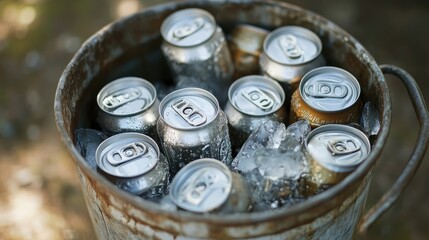 Bucket of Ice and Cold Beer Cans Ready for Refreshment