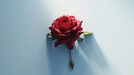 A single red rose with soft petals and a subtle shadow, isolated against a white background.