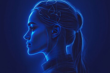 Futuristic digital portrait of a woman with a glowing brain and neural connections symbolizing intelligence cognitive function and mental health in a vibrant high tech design
