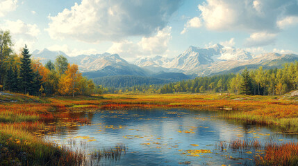 Fototapeta premium a serene autumn scene with a tranquil lake reflecting the colors of the season, surrounded by a forest of trees with vibrant fall foliage.