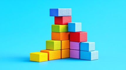 Obraz premium Colorful wooden blocks stacked in a pyramid shape against a blue background.