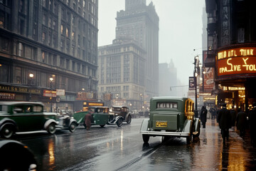 Fototapeta premium City streets in the 1920s, 1930s. AI generative.