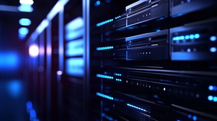 Obraz premium Rows of server racks in a dimly lit data center, showcasing the power of modern technology.
