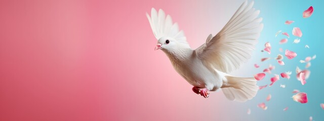  A white bird soars through the sky, its wings adorned with drifting petals against a backdrop of soft pink and blue