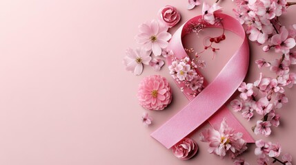 Abstract pink ribbon made of delicate floral patterns, Breast Cancer Awareness Month, blending nature and hope