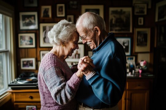 An old couple shares a dance in a room filled with memories and warm light, embodying lasting love and reminiscence amidst a backdrop of cherished photographs.