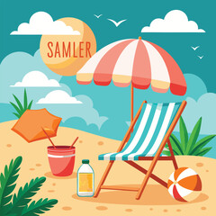 Summer Vacation Loungers on Beach - Beautiful Seascape or Seaside Holiday Vector Illustration