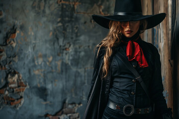 Fototapeta premium Woman dressed as Vampire Hunter Van Helsing in black cape and cowboy hat for Halloween night trick-or-treating