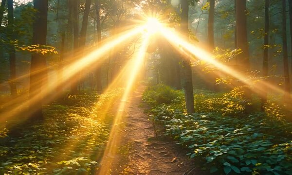 A path through a dense forest with sunlight shining through the trees.