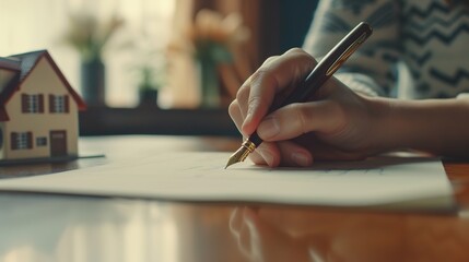 A close-up of a hand signing a house sale contract on a wooden desk, with a pen and a small model house in the background.