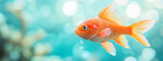  A goldfish, close-up, in a blue-background aquarium, with bubbles rising