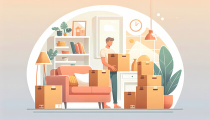 Man Packing Boxes in Living Room
