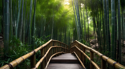Fototapeta premium Wooden Pathway Through Lush Bamboo Forest