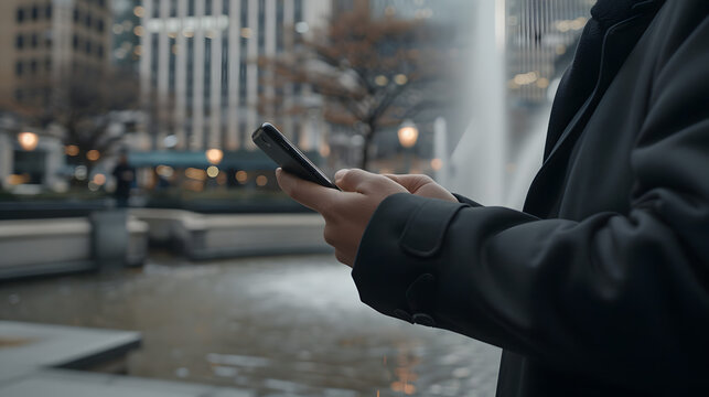 A businessperson in a tailored navy suit scrolling on their smartphone near a city fountain. - Powered by Adobe