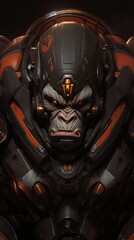 Fototapeta premium Close-up portrait of a futuristic, cybernetic gorilla with glowing red eyes.