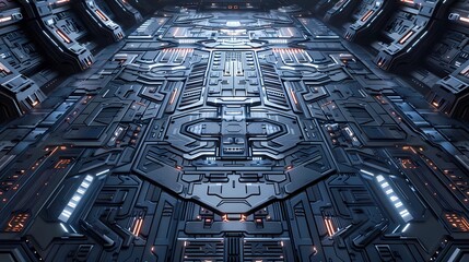 Obraz premium A detailed spaceship floor panel with intricate geometric patterns and futuristic elements, suitable for 3D texturing, Generative AI illustrations. 