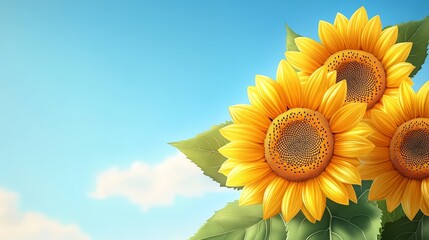 Obraz premium Vibrant sunflowers against a clear blue sky, symbolizing summer, happiness, and nature's beauty.