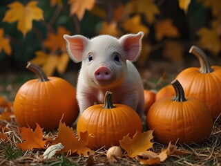Cute Pig Surrounded by Autumn Leaves and Pumpkins - Perfect for Seasonal Decor, Cozy Fall Vibes, and Farmhouse Art