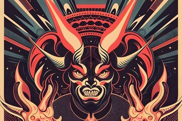Fototapeta premium vintage gig poster featuring a colorful psychedelic devil. satan, halloween, evil, lucifer, halftone screen print, illustration, flat, 2D, vector art, retro, horror, occult, demon, creepy, spooky, 