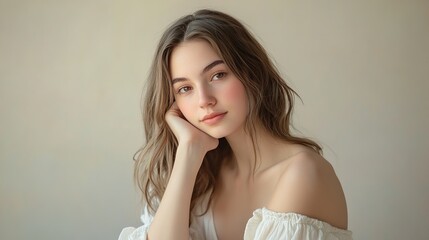 Fototapeta premium Young woman resting her head on hand in a soft natural light