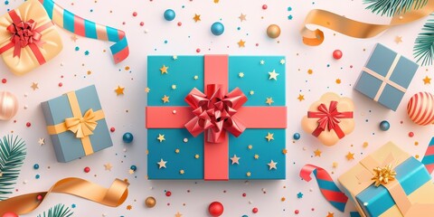 A colorful array of presents, including a blue box with a red bow