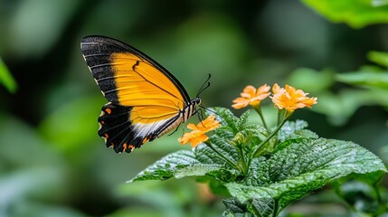 Fototapeta premium A tight shot of a butterfly atop an orange-flowered plant against a backdrop of green foliage